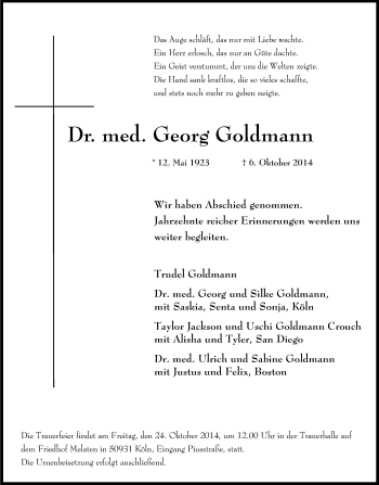 Anzeige von Georg Goldmann von Kölner Stadt-Anzeiger / Kölnische Rundschau / Express