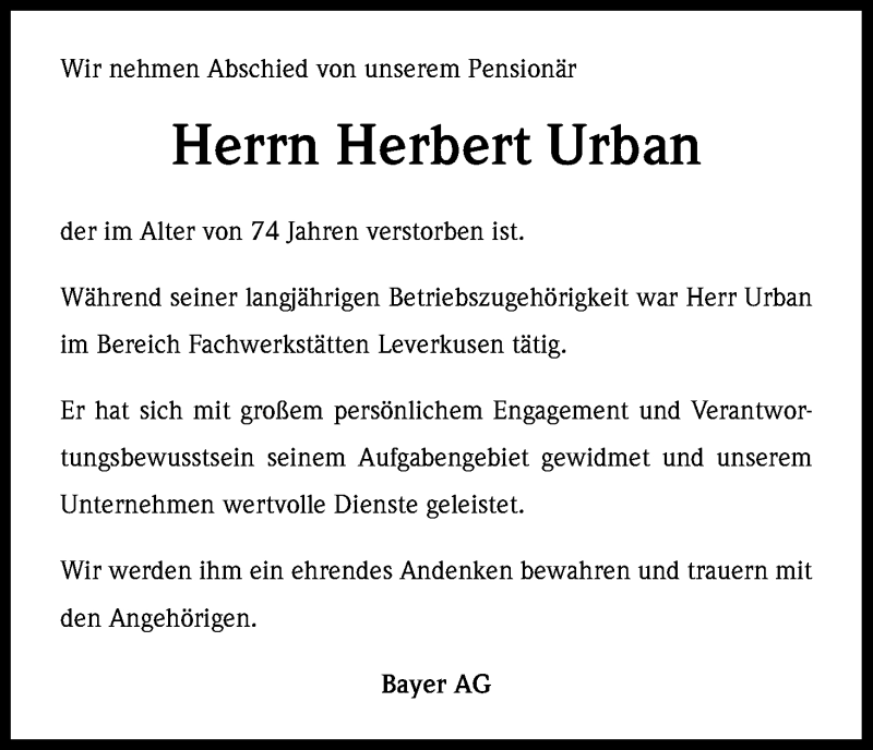  Traueranzeige für Herbert Urban vom 20.10.2014 aus Kölner Stadt-Anzeiger / Kölnische Rundschau / Express