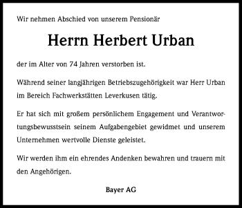 Anzeige von Herbert Urban von Kölner Stadt-Anzeiger / Kölnische Rundschau / Express