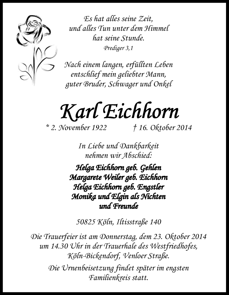  Traueranzeige für Karl Eichhorn vom 18.10.2014 aus Kölner Stadt-Anzeiger / Kölnische Rundschau / Express