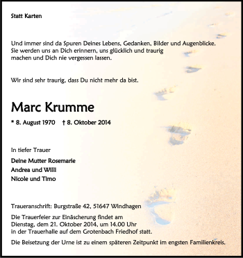 Anzeige von Marc Krumme von Kölner Stadt-Anzeiger / Kölnische Rundschau / Express