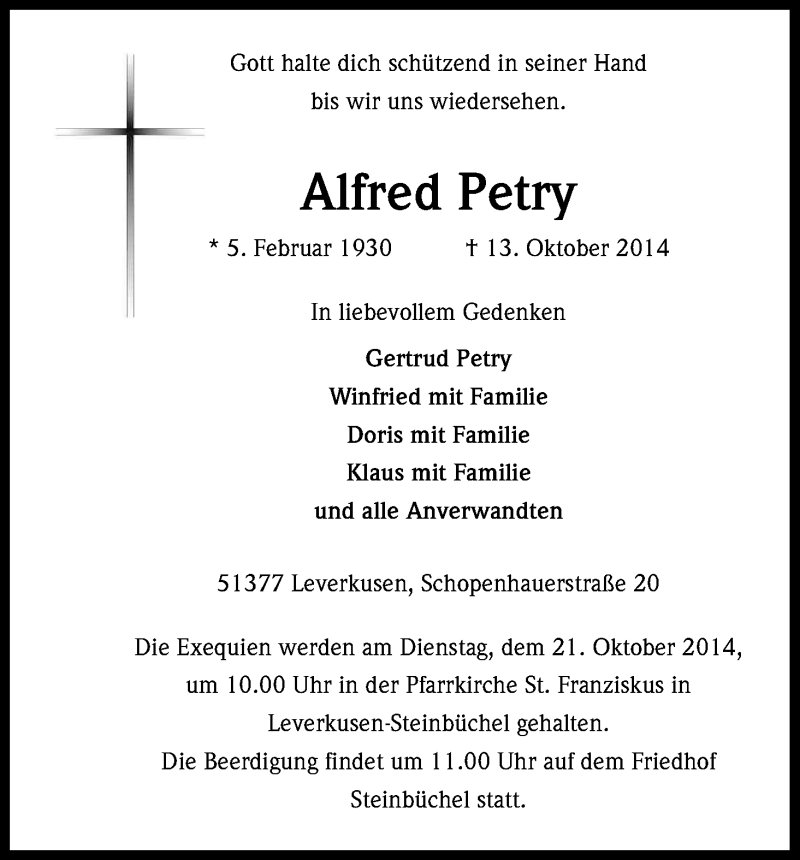  Traueranzeige für Alfred Petry vom 18.10.2014 aus Kölner Stadt-Anzeiger / Kölnische Rundschau / Express