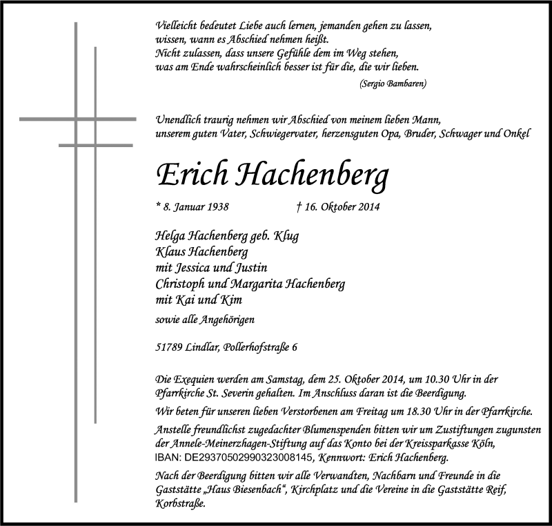  Traueranzeige für Erich Hachenberg vom 18.10.2014 aus Kölner Stadt-Anzeiger / Kölnische Rundschau / Express
