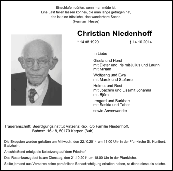 Anzeige von Christian Niedenhoff von Kölner Stadt-Anzeiger / Kölnische Rundschau / Express