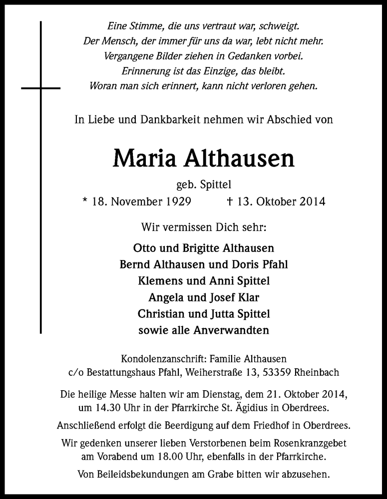  Traueranzeige für Maria Althausen vom 18.10.2014 aus Kölner Stadt-Anzeiger / Kölnische Rundschau / Express