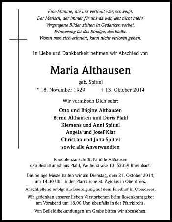 Anzeige von Maria Althausen von Kölner Stadt-Anzeiger / Kölnische Rundschau / Express