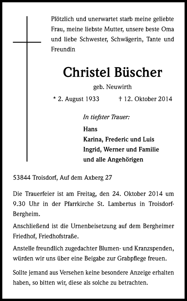  Traueranzeige für Christel Büscher vom 18.10.2014 aus Kölner Stadt-Anzeiger / Kölnische Rundschau / Express