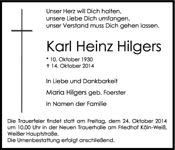 Anzeige von Karl Heinz Hilgers von Kölner Stadt-Anzeiger / Kölnische Rundschau / Express