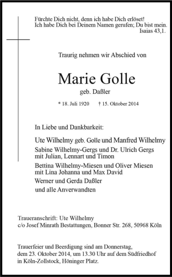 Anzeige von Marie Golle von Kölner Stadt-Anzeiger / Kölnische Rundschau / Express