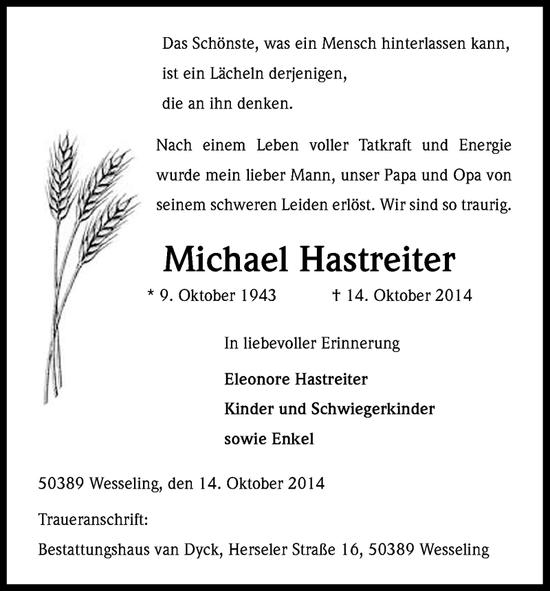  Traueranzeige für Michael Hastreiter vom 18.10.2014 aus Kölner Stadt-Anzeiger / Kölnische Rundschau / Express