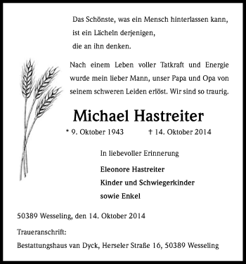 Anzeige von Michael Hastreiter von Kölner Stadt-Anzeiger / Kölnische Rundschau / Express