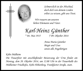 Anzeige von Karl-Heinz Günther von Kölner Stadt-Anzeiger / Kölnische Rundschau / Express