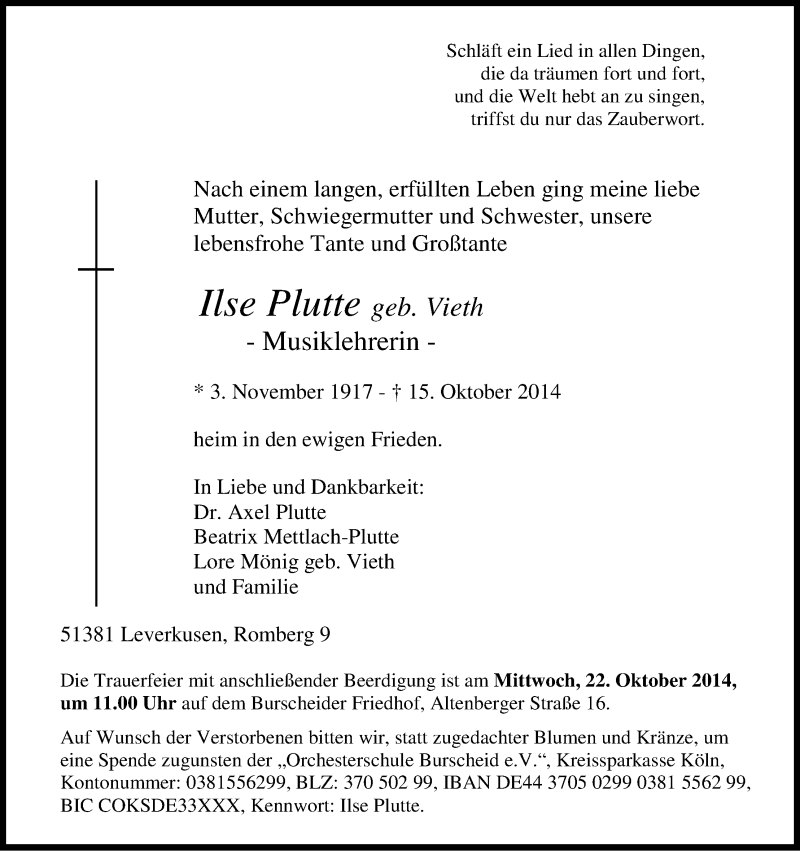  Traueranzeige für Ilse Putte vom 18.10.2014 aus Kölner Stadt-Anzeiger / Kölnische Rundschau / Express