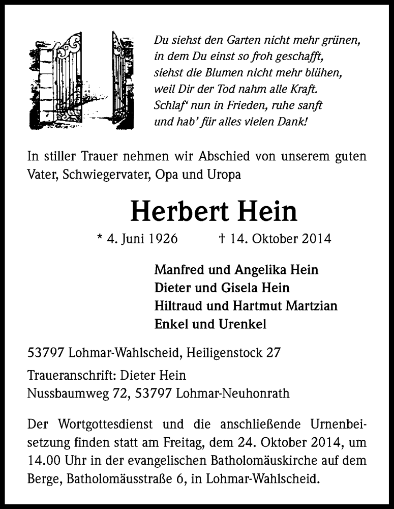  Traueranzeige für Herbert Hein vom 18.10.2014 aus Kölner Stadt-Anzeiger / Kölnische Rundschau / Express