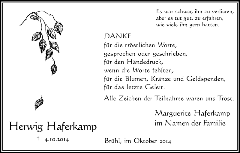  Traueranzeige für Herwig Haferkamp vom 22.10.2014 aus Kölner Stadt-Anzeiger / Kölnische Rundschau / Express
