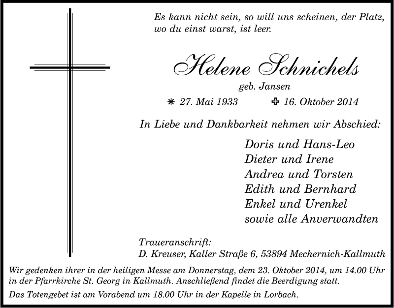  Traueranzeige für Helene Schnichels vom 18.10.2014 aus Kölner Stadt-Anzeiger / Kölnische Rundschau / Express