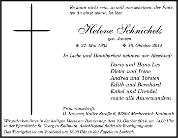 Anzeige von Helene Schnichels von Kölner Stadt-Anzeiger / Kölnische Rundschau / Express