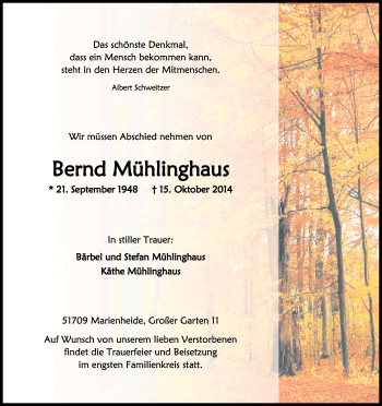 Anzeige von Bernd Mühlinghaus von Kölner Stadt-Anzeiger / Kölnische Rundschau / Express