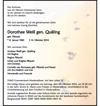 Anzeige von Dorothee Weiß gen. Quäling von Kölner Stadt-Anzeiger / Kölnische Rundschau / Express