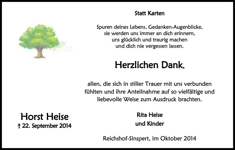  Traueranzeige für Horst Heise vom 22.10.2014 aus Kölner Stadt-Anzeiger / Kölnische Rundschau / Express