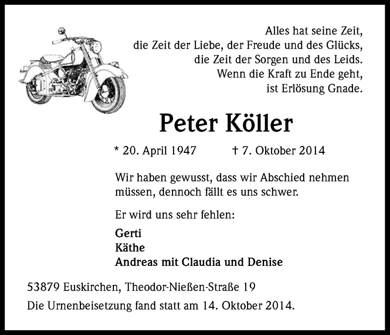  Traueranzeige für Peter Köller vom 18.10.2014 aus Kölner Stadt-Anzeiger / Kölnische Rundschau / Express