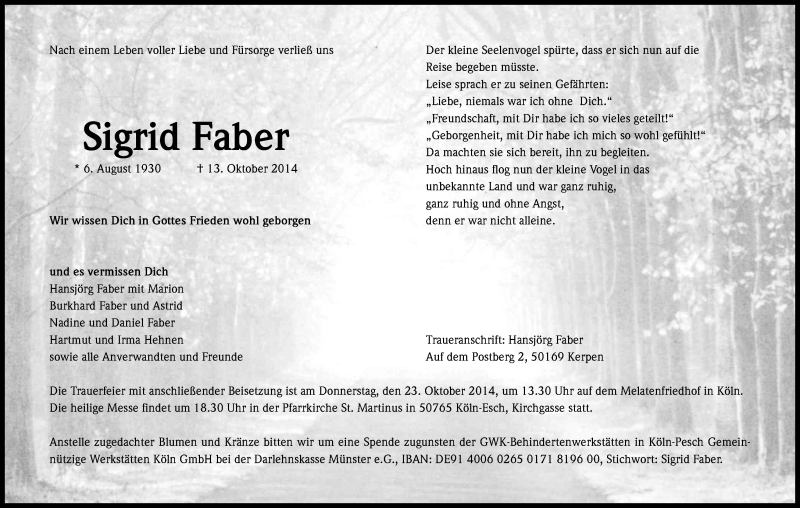  Traueranzeige für Sigrid Faber vom 18.10.2014 aus Kölner Stadt-Anzeiger / Kölnische Rundschau / Express