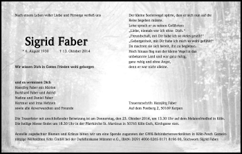 Anzeige von Sigrid Faber von Kölner Stadt-Anzeiger / Kölnische Rundschau / Express