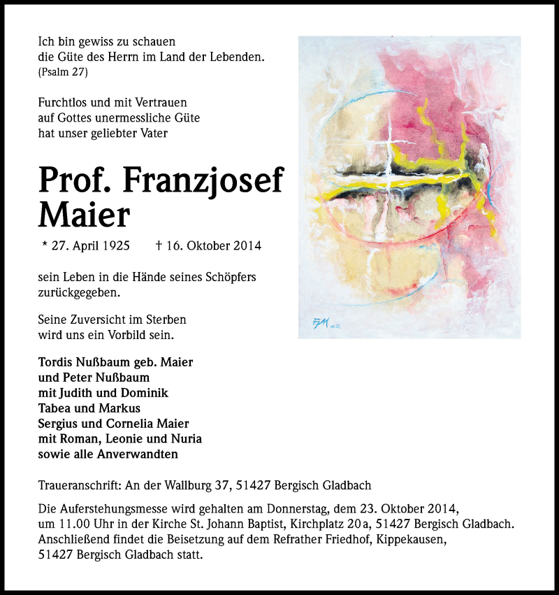  Traueranzeige für Franzjosef Maier vom 18.10.2014 aus Kölner Stadt-Anzeiger / Kölnische Rundschau / Express