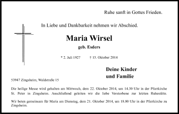 Anzeige von Maria Wirsel von Kölner Stadt-Anzeiger / Kölnische Rundschau / Express