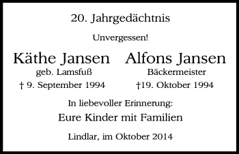 Anzeige von Käthe und Alfons Jansen von Kölner Stadt-Anzeiger / Kölnische Rundschau / Express