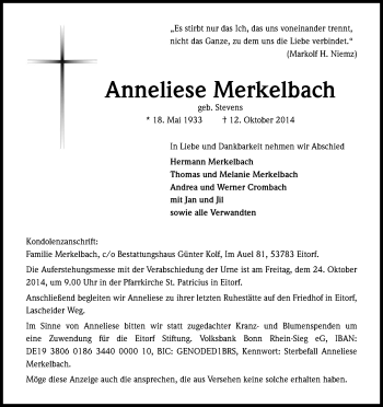 Anzeige von Anneliese Merkelbach von Kölner Stadt-Anzeiger / Kölnische Rundschau / Express