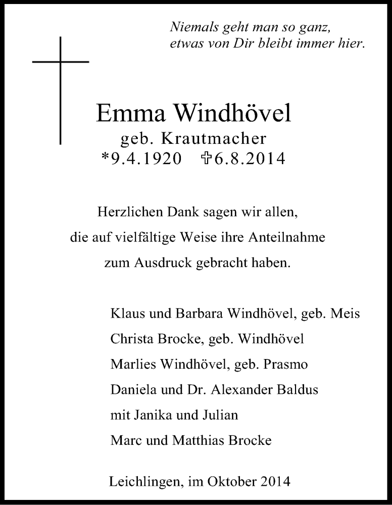  Traueranzeige für Emma Windhövel vom 18.10.2014 aus Kölner Stadt-Anzeiger / Kölnische Rundschau / Express
