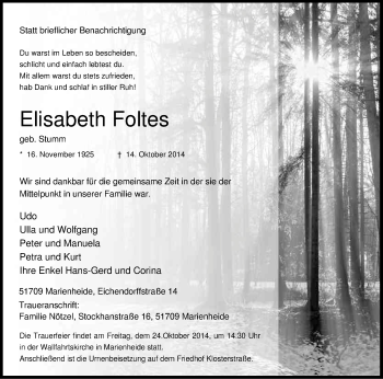 Anzeige von Elisabeth Foltes von Kölner Stadt-Anzeiger / Kölnische Rundschau / Express
