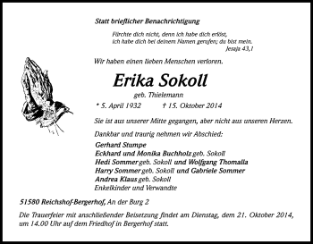 Anzeige von Erika Sokoll von Kölner Stadt-Anzeiger / Kölnische Rundschau / Express