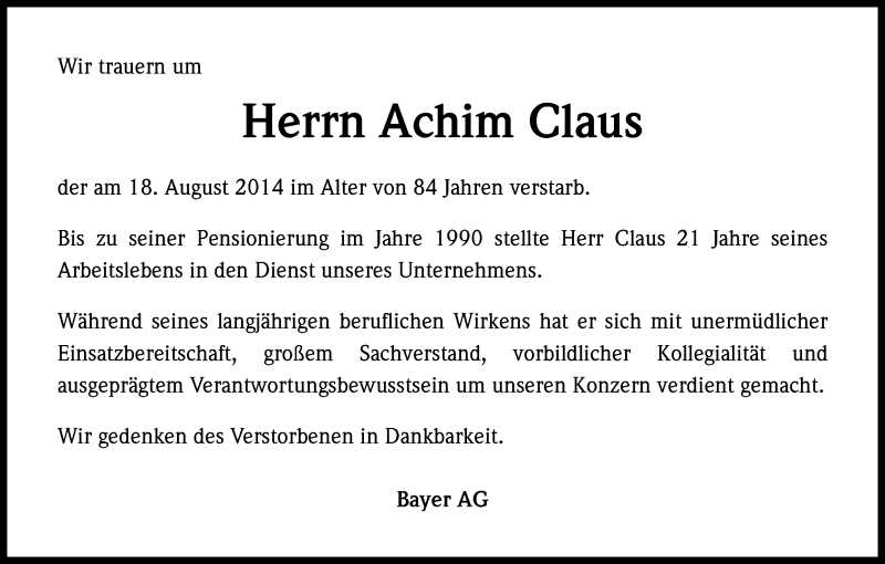  Traueranzeige für Achim Claus vom 18.10.2014 aus Kölner Stadt-Anzeiger / Kölnische Rundschau / Express