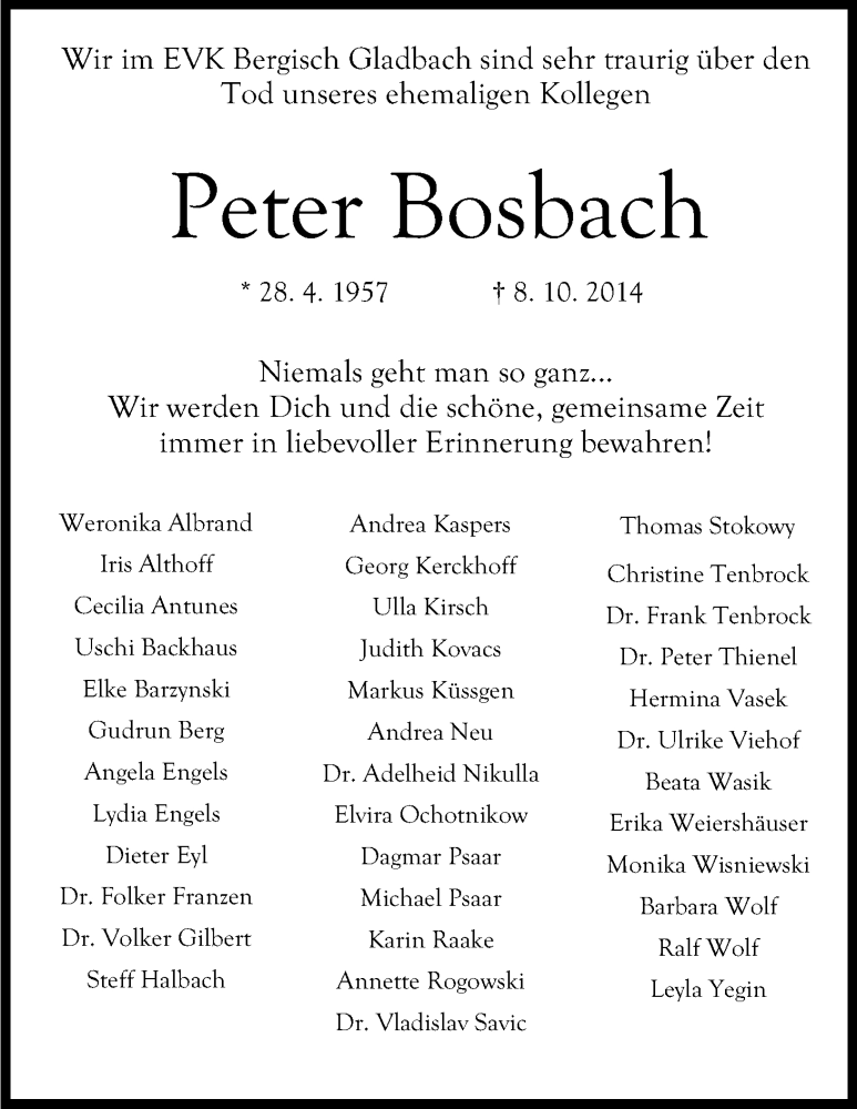  Traueranzeige für Peter Bosbach vom 18.10.2014 aus Kölner Stadt-Anzeiger / Kölnische Rundschau / Express