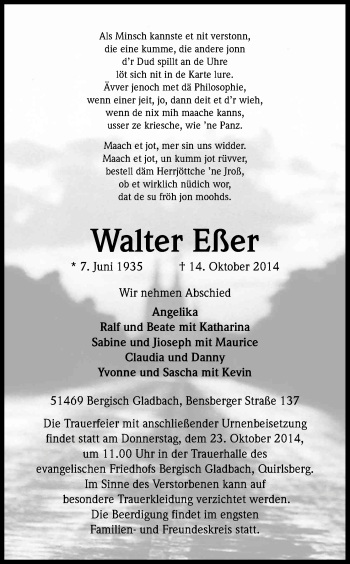 Anzeige von Walter Eßer von Kölner Stadt-Anzeiger / Kölnische Rundschau / Express