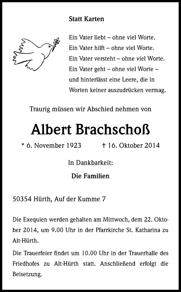  Traueranzeige für Albert Brachschoß vom 18.10.2014 aus Kölner Stadt-Anzeiger / Kölnische Rundschau / Express