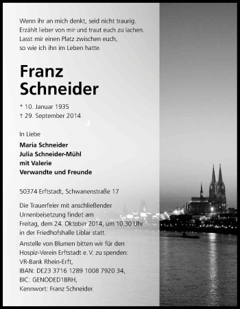Anzeige von Franz Schneider von Kölner Stadt-Anzeiger / Kölnische Rundschau / Express