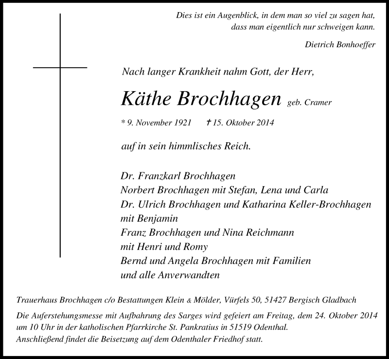  Traueranzeige für Käthe Brochhagen vom 20.10.2014 aus Kölner Stadt-Anzeiger / Kölnische Rundschau / Express