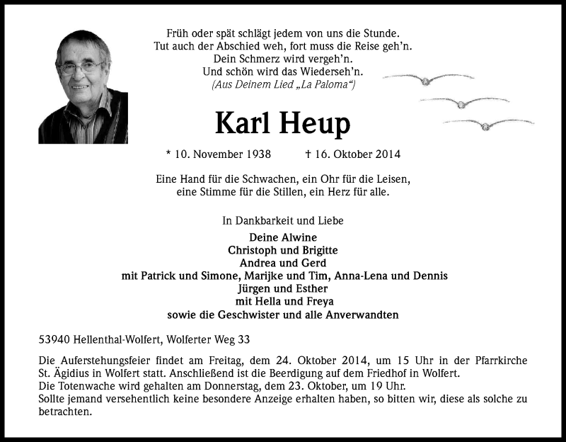  Traueranzeige für Karl Heup vom 18.10.2014 aus Kölner Stadt-Anzeiger / Kölnische Rundschau / Express