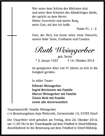 Anzeige von Ruth Weissgerber von Kölner Stadt-Anzeiger / Kölnische Rundschau / Express