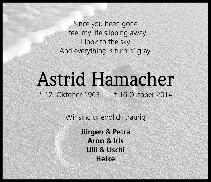  Traueranzeige für Astrid Hamacher vom 25.10.2014 aus Kölner Stadt-Anzeiger / Kölnische Rundschau / Express