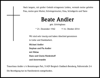Anzeige von Beate Andler von Kölner Stadt-Anzeiger / Kölnische Rundschau / Express