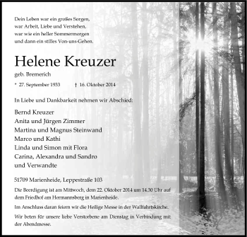 Anzeige von Helene Kreuzer von Kölner Stadt-Anzeiger / Kölnische Rundschau / Express