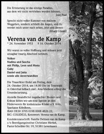 Anzeige von Verena  van de Kamp von Kölner Stadt-Anzeiger / Kölnische Rundschau / Express