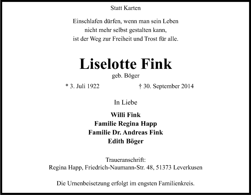  Traueranzeige für Liselotte Fink vom 20.10.2014 aus Kölner Stadt-Anzeiger / Kölnische Rundschau / Express
