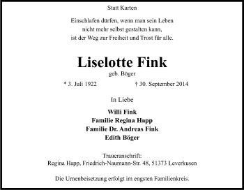 Anzeige von Liselotte Fink von Kölner Stadt-Anzeiger / Kölnische Rundschau / Express
