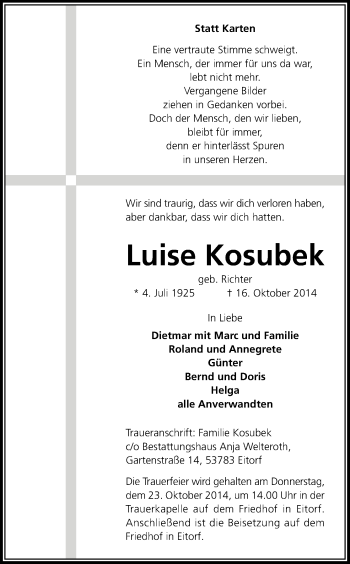 Anzeige von Luise Kosubek von Kölner Stadt-Anzeiger / Kölnische Rundschau / Express
