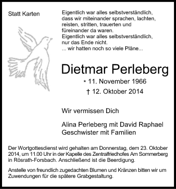 Anzeige von Dietmar Perleberg von Kölner Stadt-Anzeiger / Kölnische Rundschau / Express